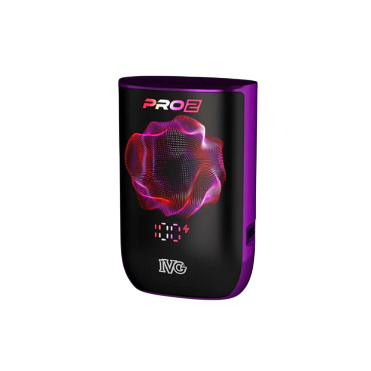 A black and purple IVG PRO2 vape device with a glowing pink and purple flower graphic on the front, set against a plain white background.