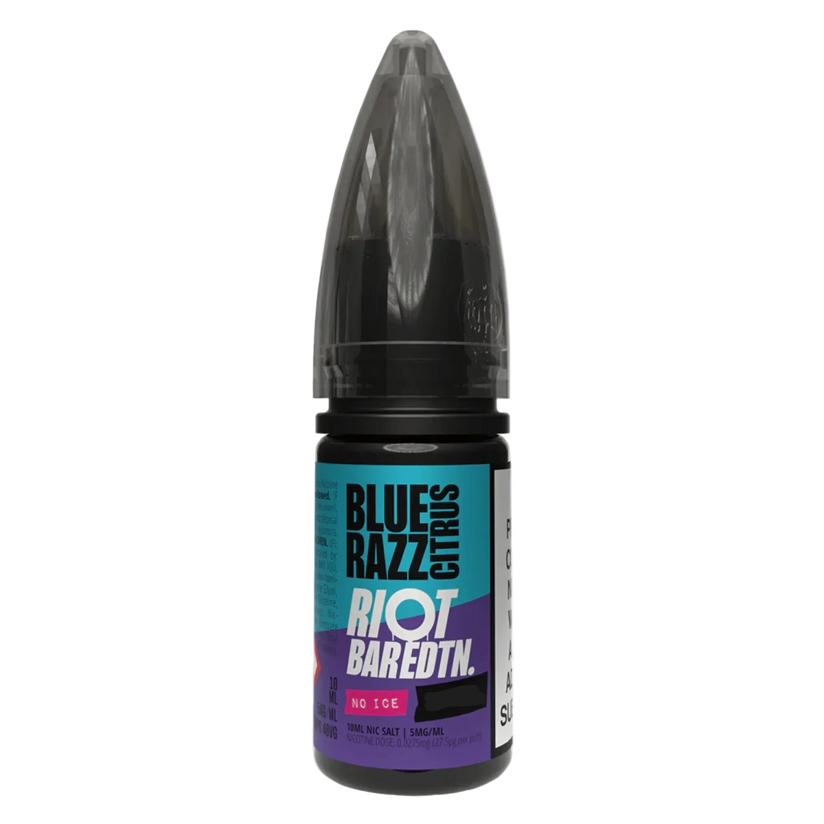 Vape juice bottle with 'Blue Razz Citrus' flavor and 'Riot Baredtn' branding on a white background