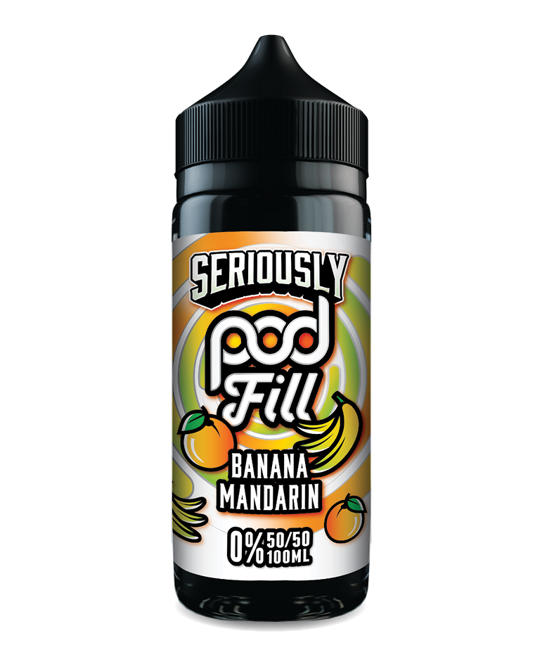 Seriously Pod Fill Banana Mandarin vape juice bottle on a white background