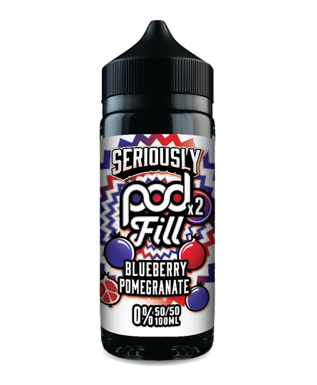 Vape pod bottle labeled 'Seriously Pod Fill' with blueberry and pomegranate design on a white background