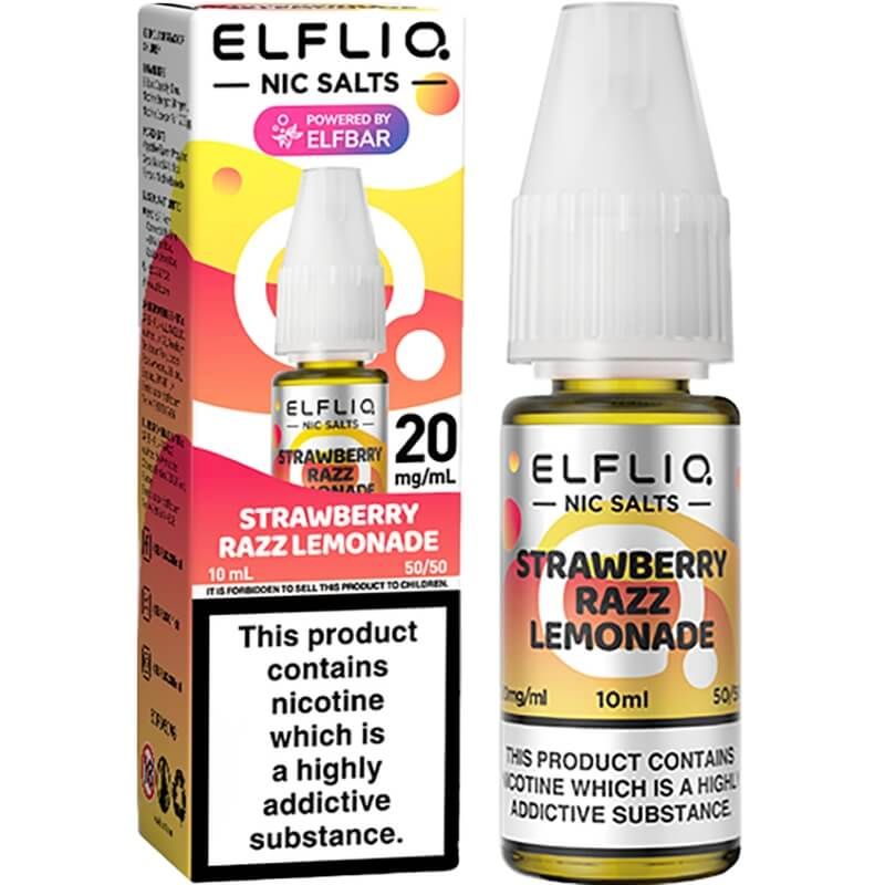 ELFLIQ Nic Salts Strawberry Razz Lemonade 10ml e-liquid bottle next to its retail packaging box, featuring a white cap and yellow, orange, and red label design.