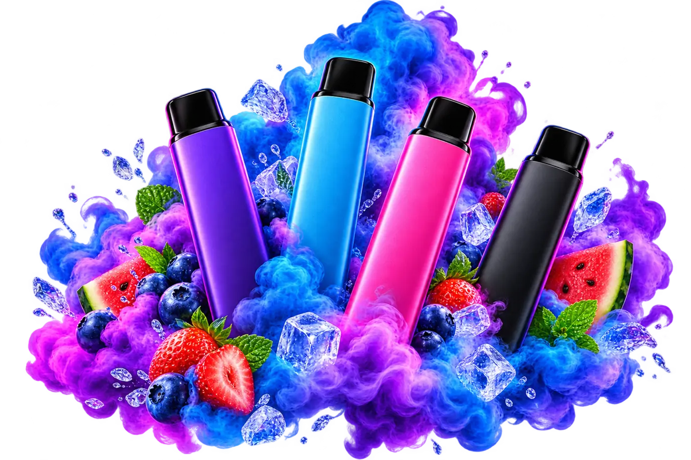 Colourful refillable vape devices with fruit, ice and vapour