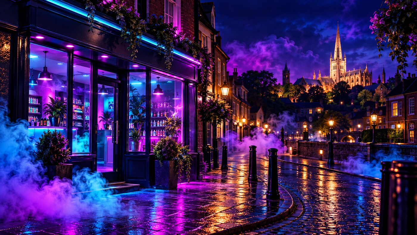 A neon-lit Norwich street with Norwich Cathedral in the distance