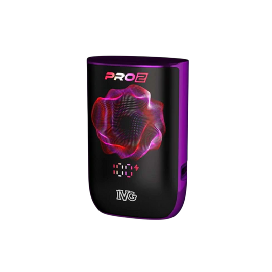 A black and purple IVG PRO2 vape device with a glowing pink and purple flower graphic on the front, set against a plain white background.