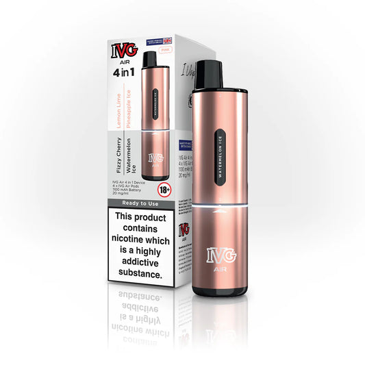 Rose gold IVG vape device with packaging on a white background