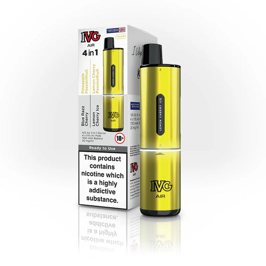 Yellow IVG vape device with packaging on a white background