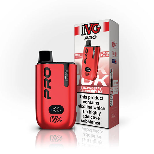 Red IVG Pro vape device and packaging on a white background