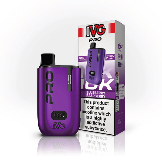 Purple IVG Pro vaping device with packaging on a white background