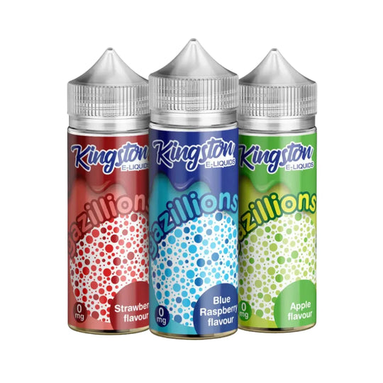 Kingston e-liquid bottles with different flavors on a white background