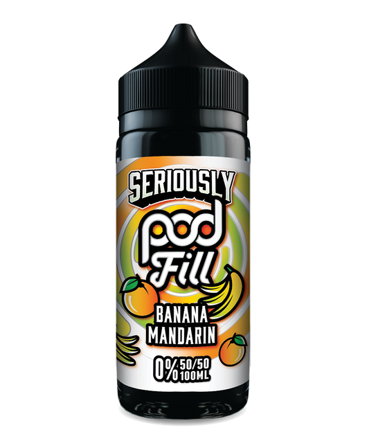 Seriously Pod Fill Banana Mandarin vape juice bottle on a white background