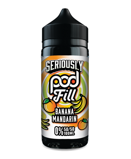 Seriously Pod Fill Banana Mandarin vape juice bottle on a white background