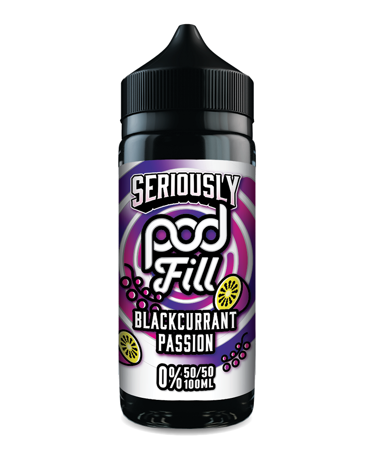 Seriously Pod Fill Blackcurrant Passion e-liquid bottle on a white background