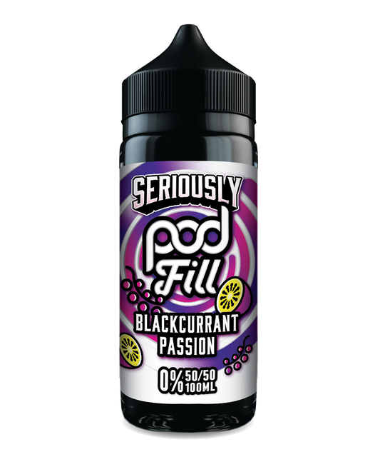 Seriously Pod Fill Blackcurrant Passion e-liquid bottle on a white background