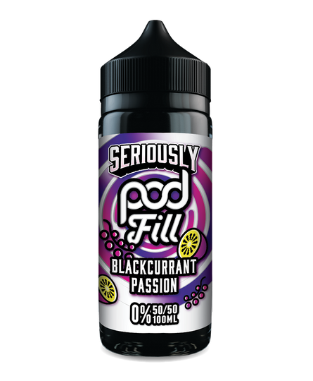 Seriously Pod Fill Blackcurrant Passion e-liquid bottle on a white background