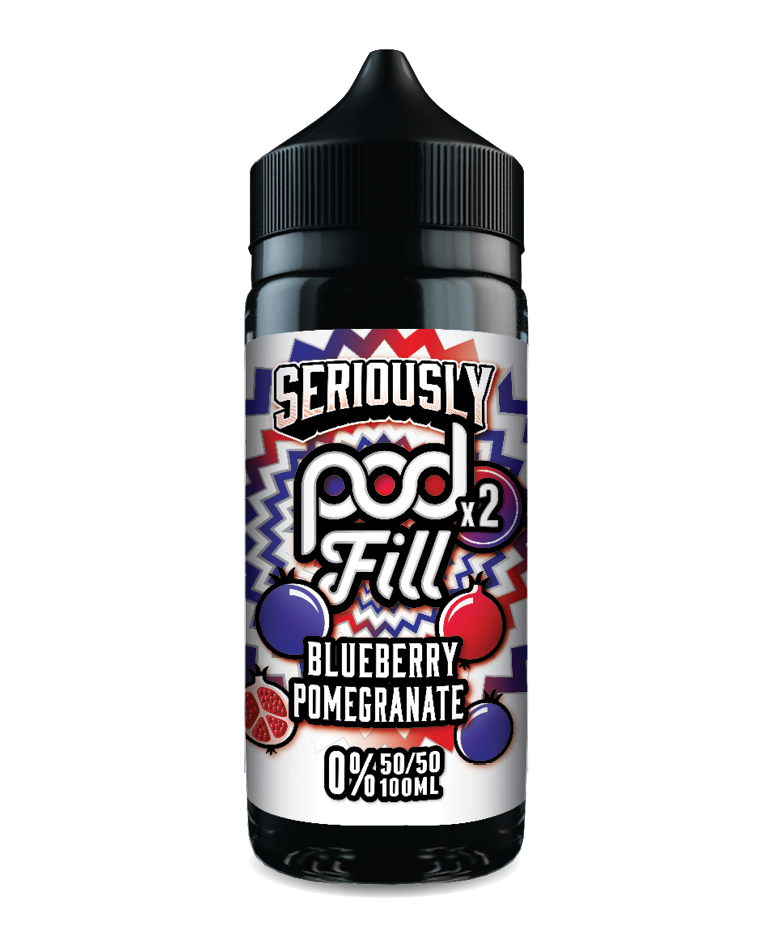 Vape pod bottle labeled 'Seriously Pod Fill' with blueberry and pomegranate design on a white background