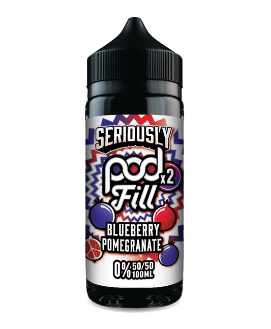 Vape pod bottle labeled 'Seriously Pod Fill' with blueberry and pomegranate design on a white background