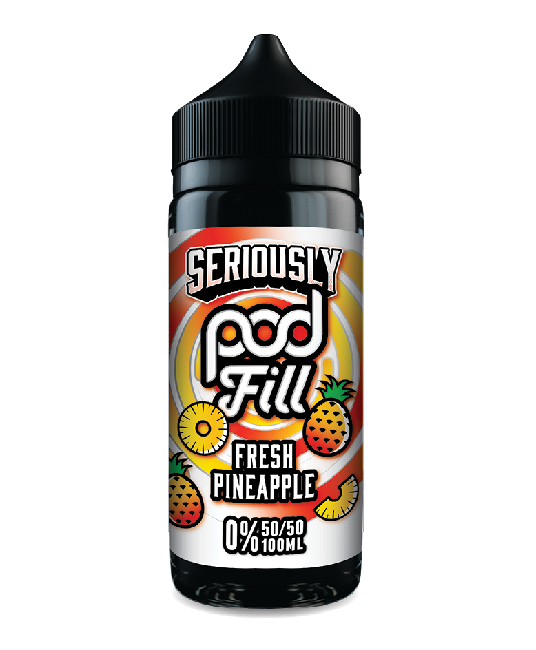 Vape pod with 'Seriously Pod Fill' branding and 'Fresh Pineapple' flavor on a white background