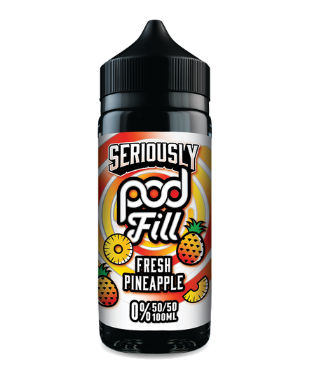 Vape pod with 'Seriously Pod Fill' branding and 'Fresh Pineapple' flavor on a white background