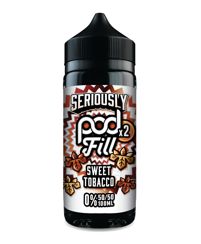 E-liquid bottle labeled 'Seriously Pod Fill Sweet Tobacco' on a white background