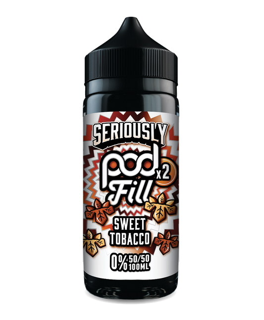 E-liquid bottle labeled 'Seriously Pod Fill Sweet Tobacco' on a white background