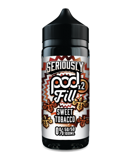 E-liquid bottle labeled 'Seriously Pod Fill Sweet Tobacco' on a white background